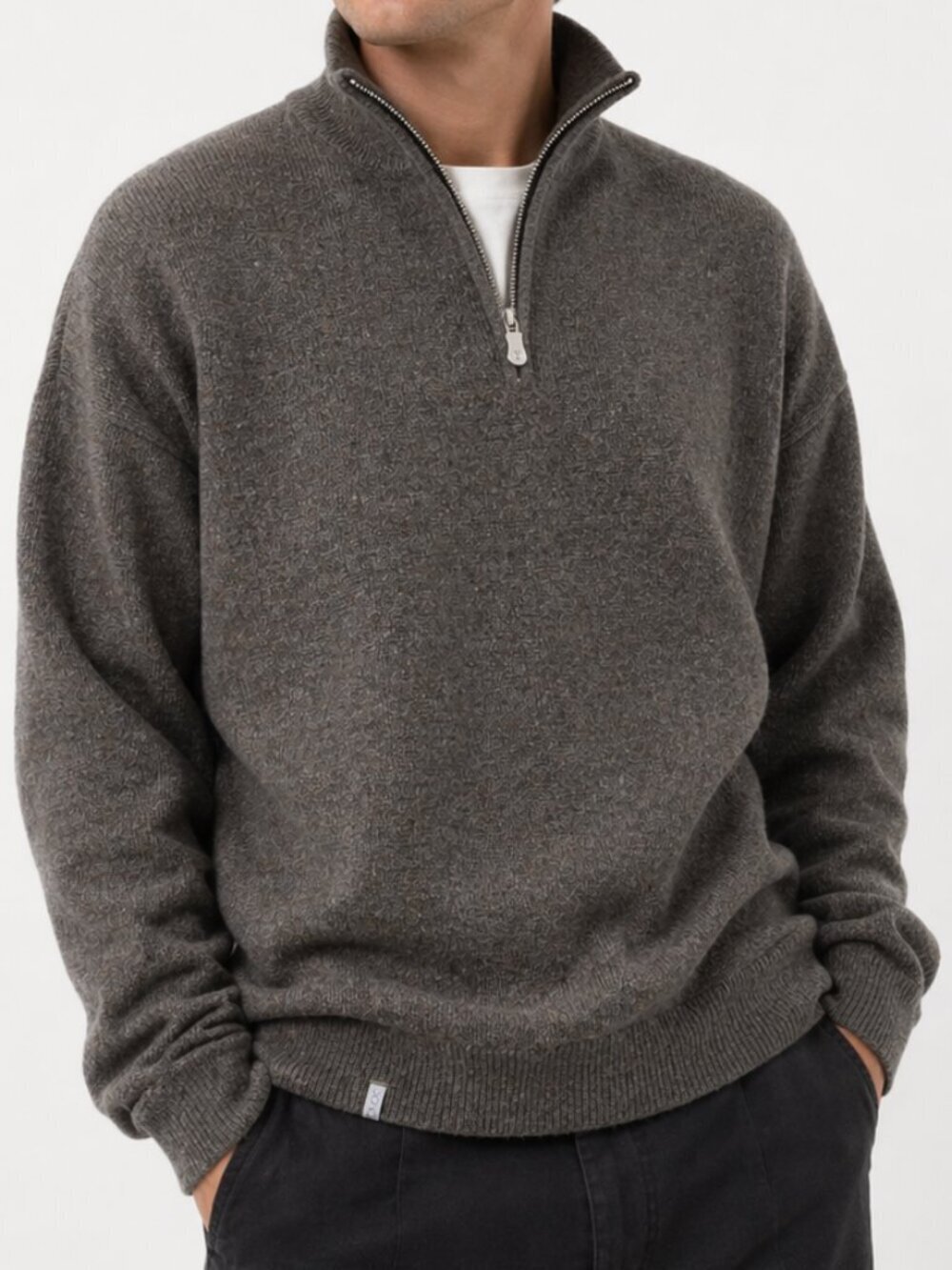 QOR Cashmere Thermal Zip Sweater Gray Large